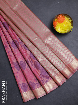 Bangalori silk saree peach pink with allover ikat weaves and zari woven border