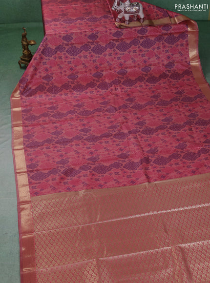 Bangalori silk saree peach pink with allover ikat weaves and zari woven border