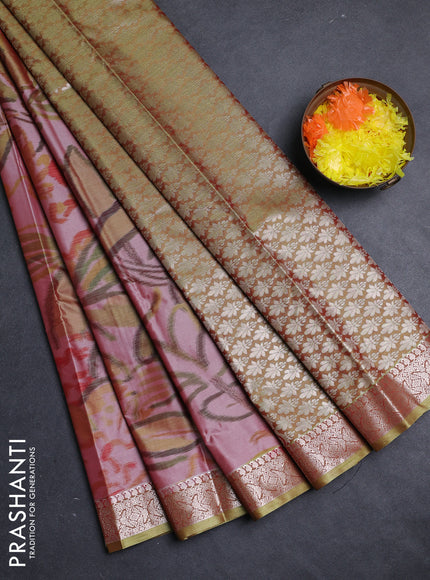 Bangalori silk saree mild peach and mehendi green with allover ikat weaves and zari woven border