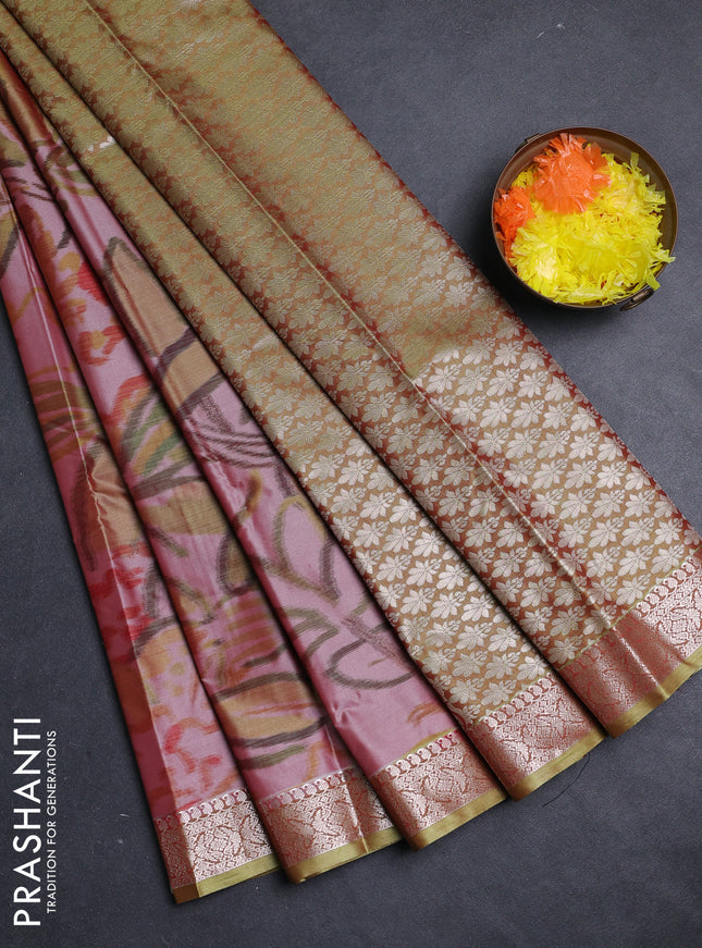 Bangalori silk saree mild peach and mehendi green with allover ikat weaves and zari woven border