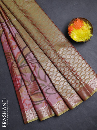Bangalori silk saree mild peach and mehendi green with allover ikat weaves and zari woven border