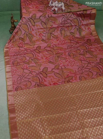 Bangalori silk saree mild peach and mehendi green with allover ikat weaves and zari woven border