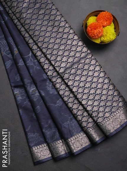 Bangalori silk saree dark navy blue with allover ikat weaves and zari woven border