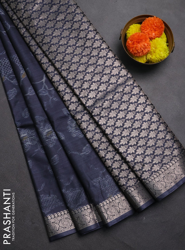 Bangalori silk saree dark navy blue with allover ikat weaves and zari woven border