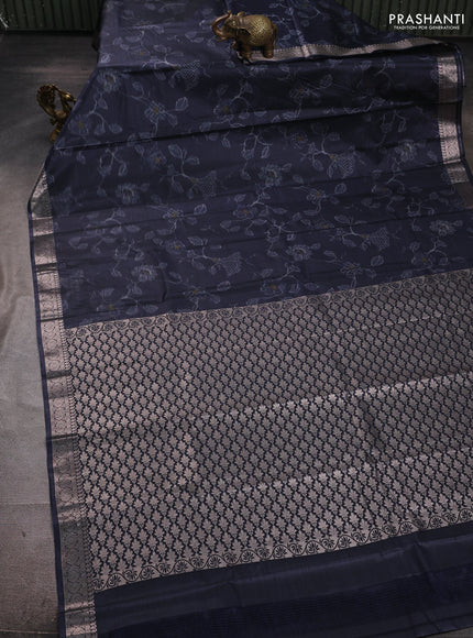 Bangalori silk saree dark navy blue with allover ikat weaves and zari woven border