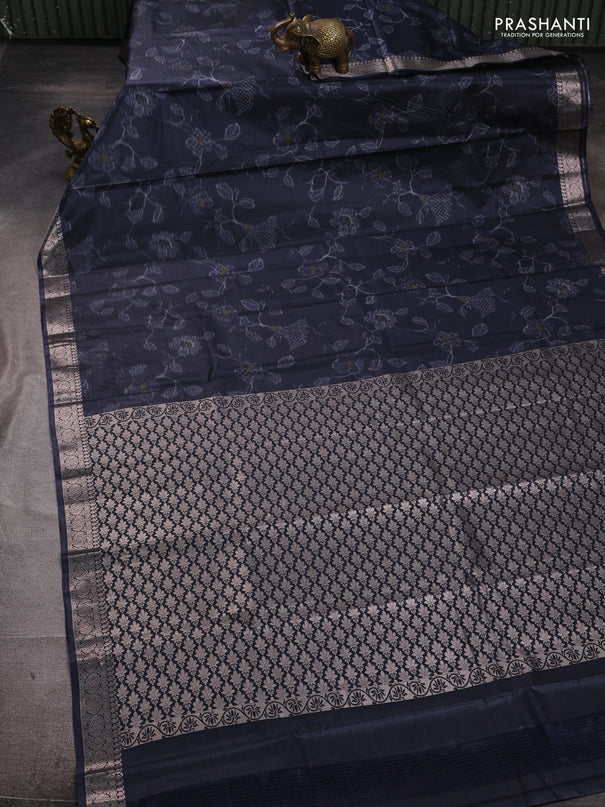Bangalori silk saree dark navy blue with allover ikat weaves and zari woven border