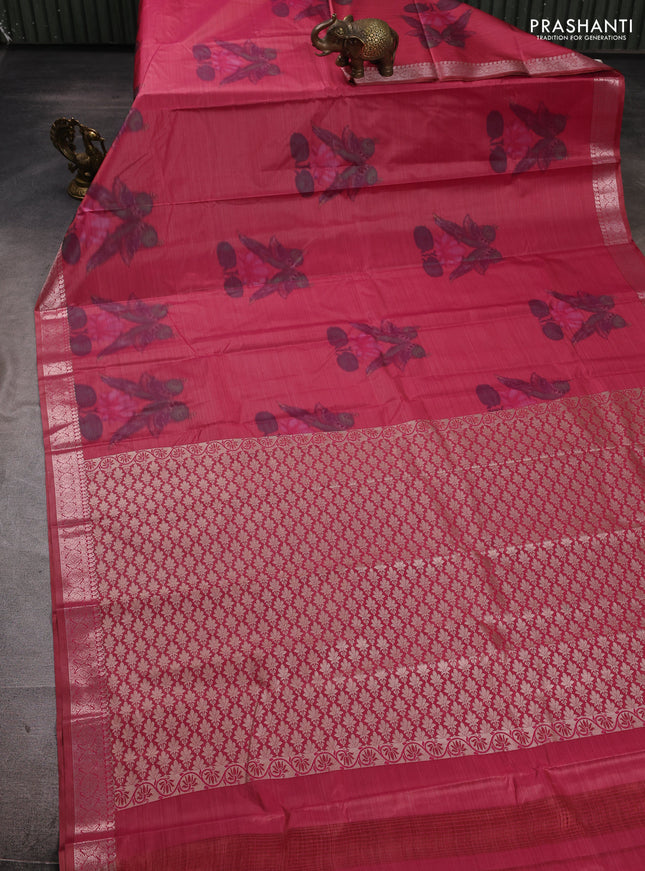 Bangalori silk saree reddish pink shade with allover ikat weaves and zari woven border