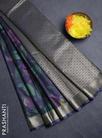 Bangalori silk saree dark navy blue with allover ikat weaves and zari woven border