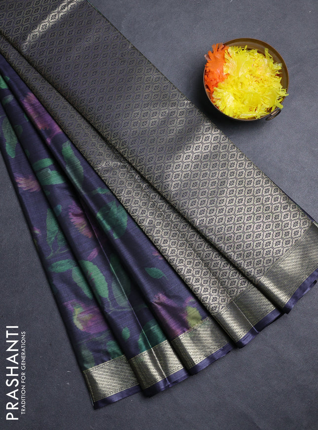 Bangalori silk saree dark navy blue with allover ikat weaves and zari woven border