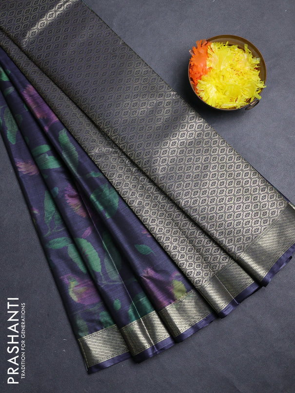 Bangalori silk saree dark navy blue with allover ikat weaves and zari woven border