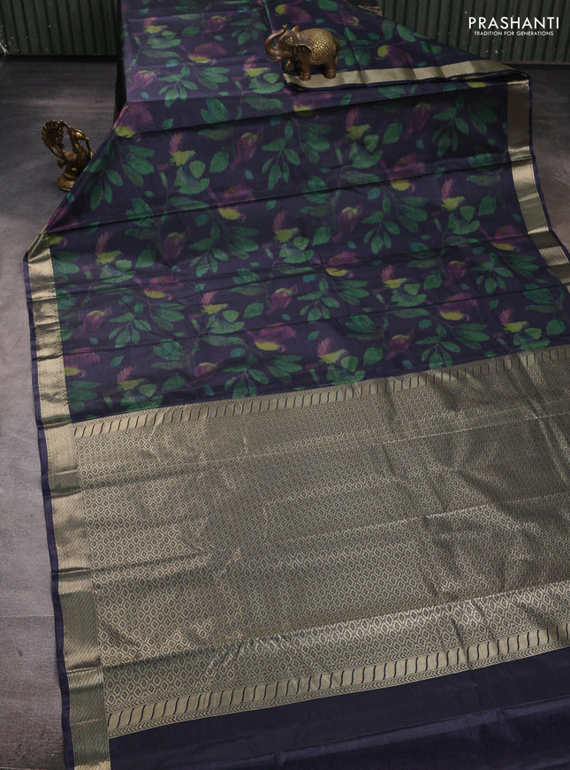 Bangalori silk saree dark navy blue with allover ikat weaves and zari woven border
