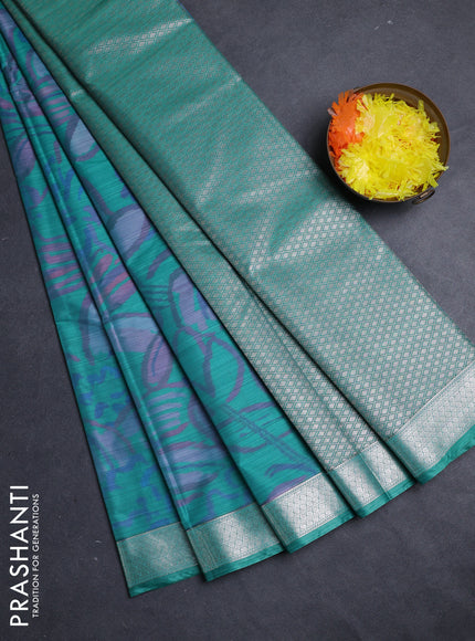 Bangalori silk saree teal green with allover ikat weaves and zari woven border