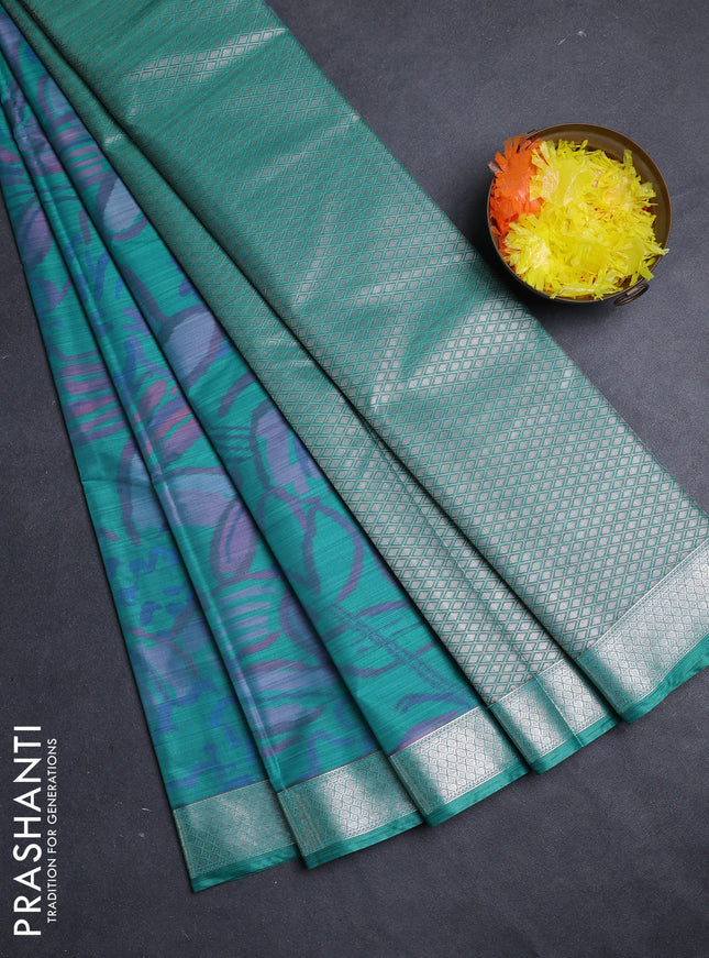 Bangalori silk saree teal green with allover ikat weaves and zari woven border