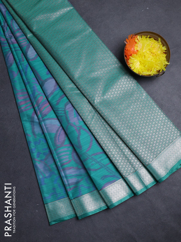 Bangalori silk saree teal green with allover ikat weaves and zari woven border