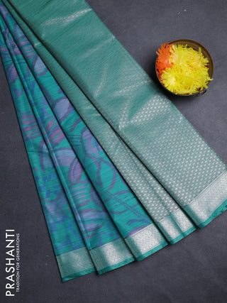 Bangalori silk saree teal green with allover ikat weaves and zari woven border