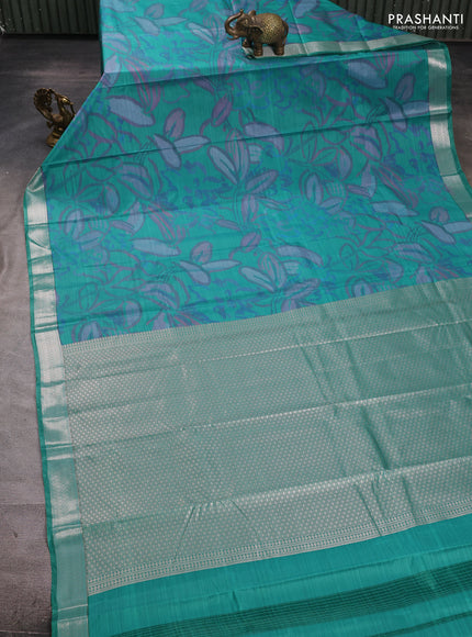 Bangalori silk saree teal green with allover ikat weaves and zari woven border