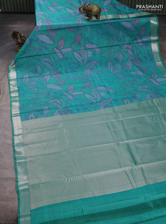 Bangalori silk saree teal green with allover ikat weaves and zari woven border