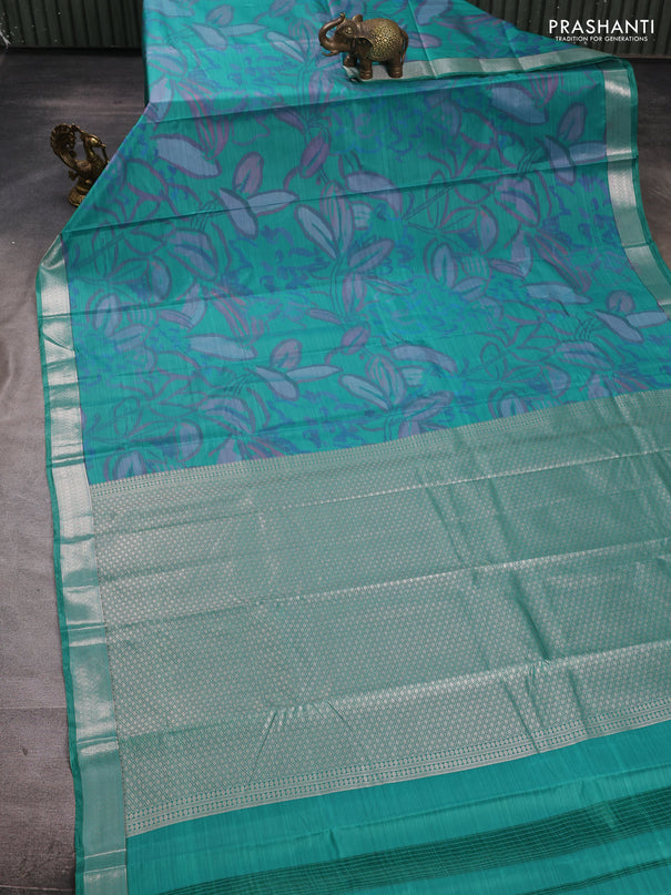 Bangalori silk saree teal green with allover ikat weaves and zari woven border