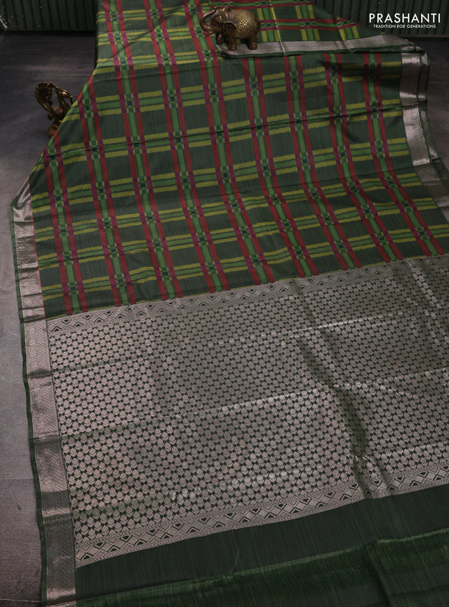 Bangalori silk saree sap green with allover ikat weaves and zari woven border