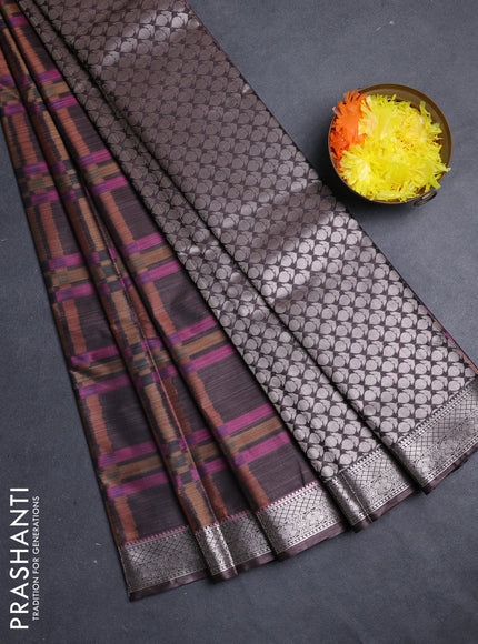 Bangalori silk saree brown with allover ikat weaves and zari woven border