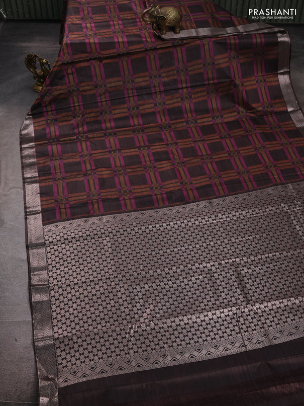 Bangalori silk saree brown with allover ikat weaves and zari woven border