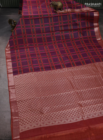 Bangalori silk saree deep purple and rust shade with allover ikat weaves and zari woven border