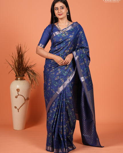Bangalori silk saree blue with allover ikat weaves and zari woven border