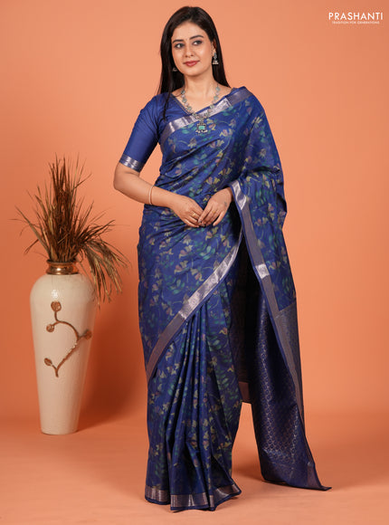 Bangalori silk saree blue with allover ikat weaves and zari woven border