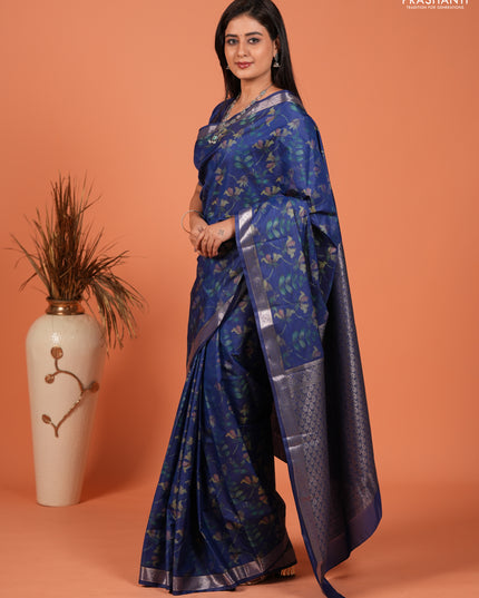 Bangalori silk saree blue with allover ikat weaves and zari woven border