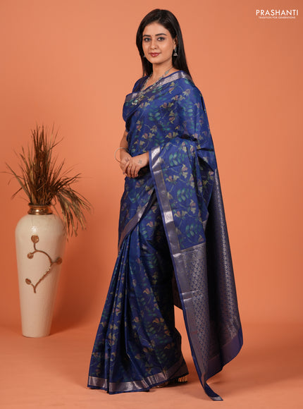 Bangalori silk saree blue with allover ikat weaves and zari woven border