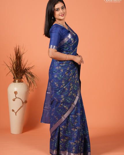 Bangalori silk saree blue with allover ikat weaves and zari woven border