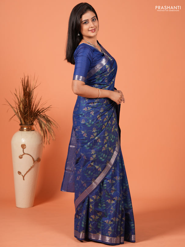 Bangalori silk saree blue with allover ikat weaves and zari woven border
