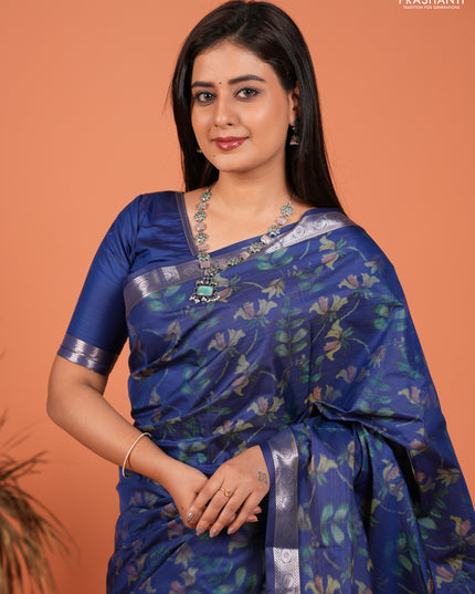 Bangalori silk saree blue with allover ikat weaves and zari woven border