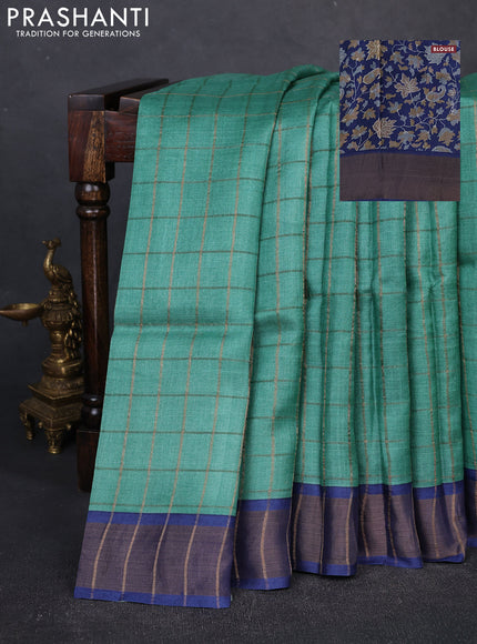 Pure Tussar silk saree teal green and blue with allover zari checked pattern and zari woven border