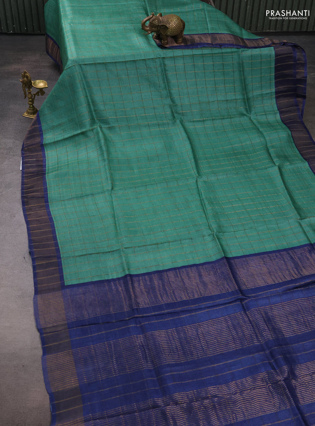 Pure Tussar silk saree teal green and blue with allover zari checked pattern and zari woven border
