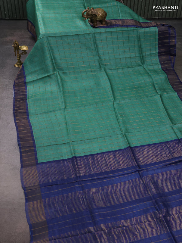 Pure Tussar silk saree teal green and blue with allover zari checked pattern and zari woven border