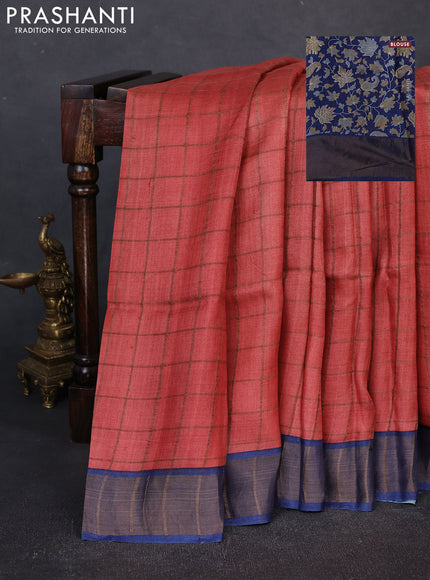 Pure Tussar silk saree red and blue with allover zari checked pattern and zari woven border