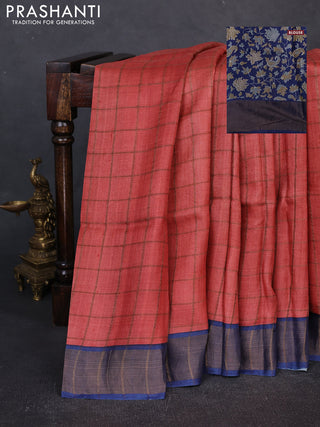 Pure Tussar silk saree red and blue with allover zari checked pattern and zari woven border