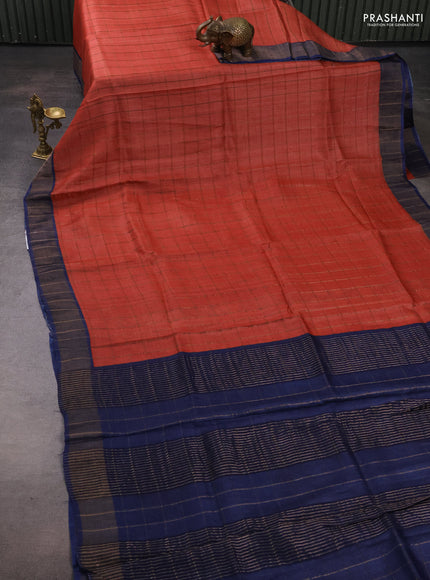 Pure Tussar silk saree red and blue with allover zari checked pattern and zari woven border