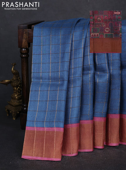 Pure Tussar silk saree cs blue and pink shade with allover zari checked pattern and zari woven border