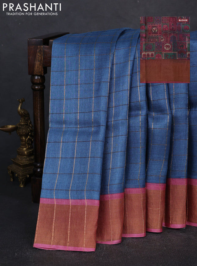 Pure Tussar silk saree cs blue and pink shade with allover zari checked pattern and zari woven border