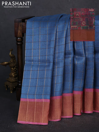 Pure Tussar silk saree cs blue and pink shade with allover zari checked pattern and zari woven border