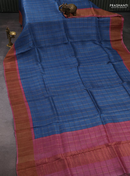 Pure Tussar silk saree cs blue and pink shade with allover zari checked pattern and zari woven border