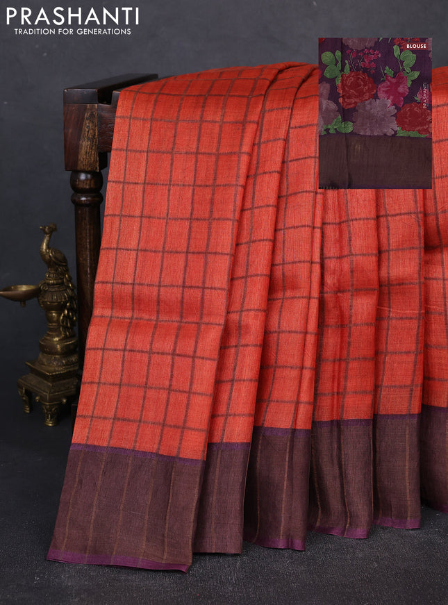 Pure Tussar silk saree orange and wine shade with allover zari checked pattern and zari woven border
