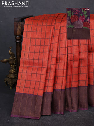 Pure Tussar silk saree orange and wine shade with allover zari checked pattern and zari woven border