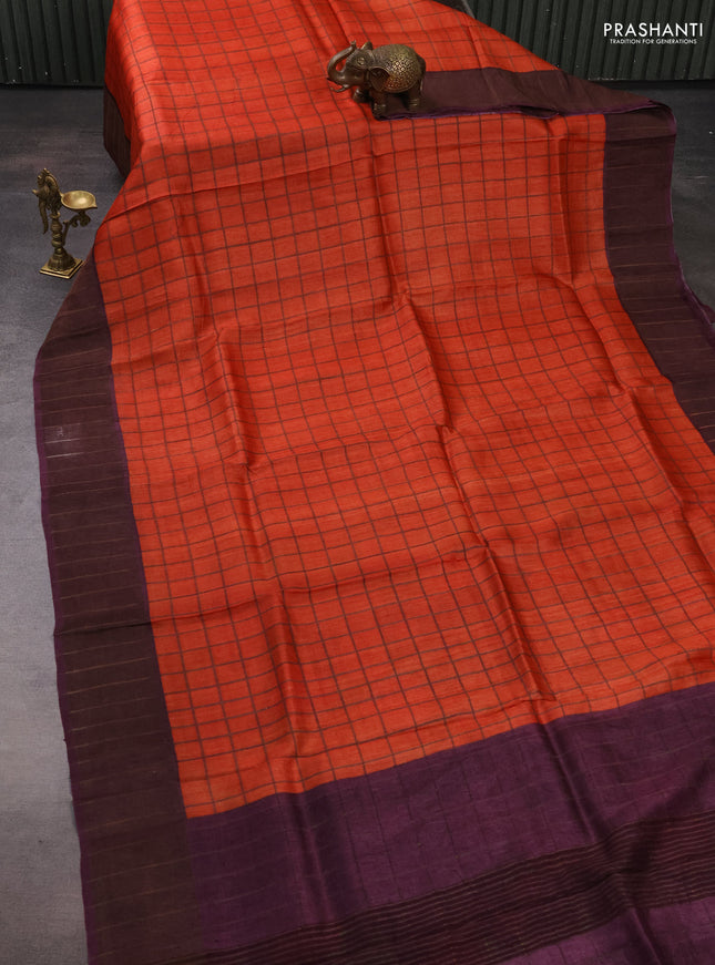 Pure Tussar silk saree orange and wine shade with allover zari checked pattern and zari woven border
