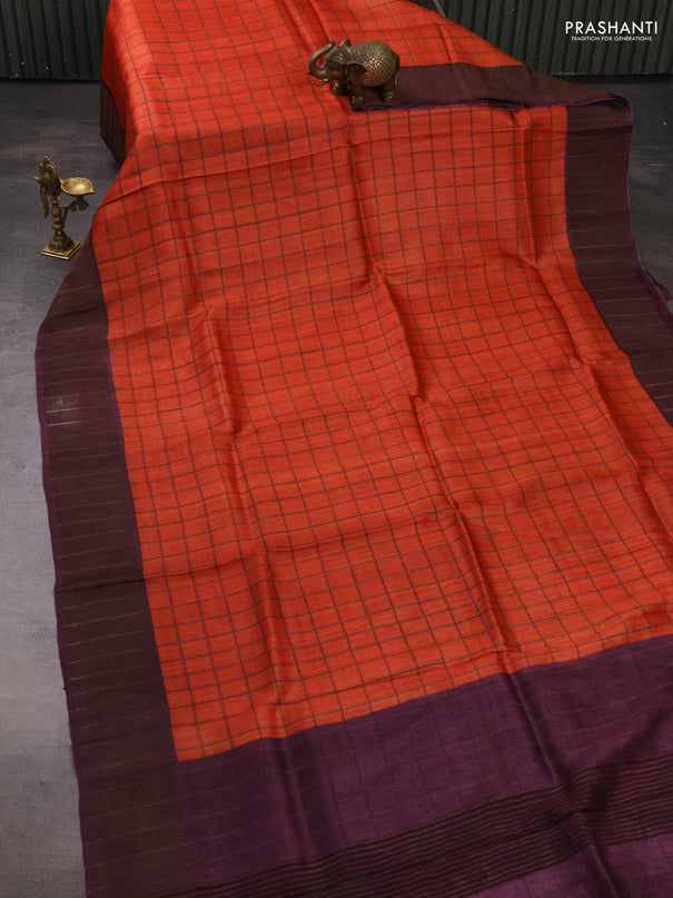 Pure Tussar silk saree orange and wine shade with allover zari checked pattern and zari woven border