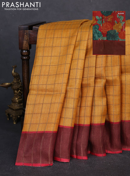 Pure Tussar silk saree mango yellow and red with allover zari checked pattern and zari woven border