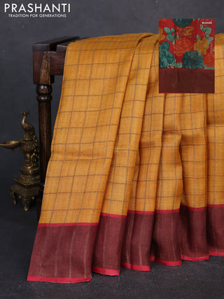 Pure Tussar silk saree mango yellow and red with allover zari checked pattern and zari woven border