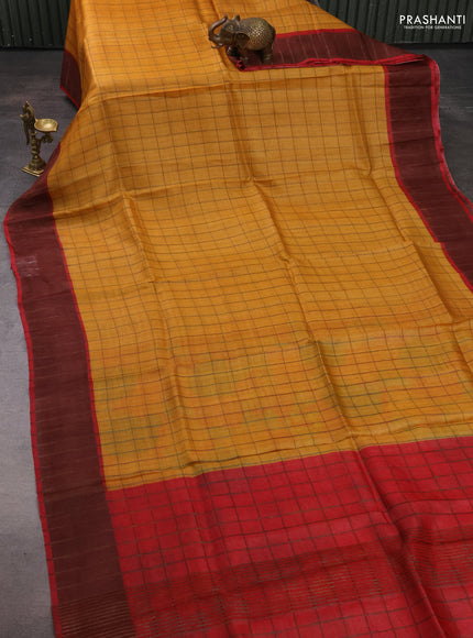 Pure Tussar silk saree mango yellow and red with allover zari checked pattern and zari woven border